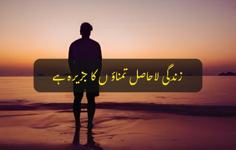 "Silhouette of a man standing on the beach at sunset with Deep Urdu Quotes text overlay."