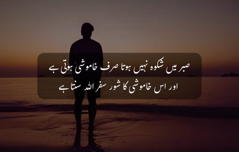 "Silhouette of a person by the sea at sunset with Urdu quote."