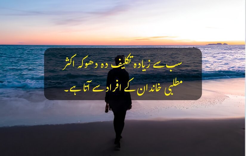"Person walking on beach at sunset with Family Matlabi Rishte Urdu Quotes."