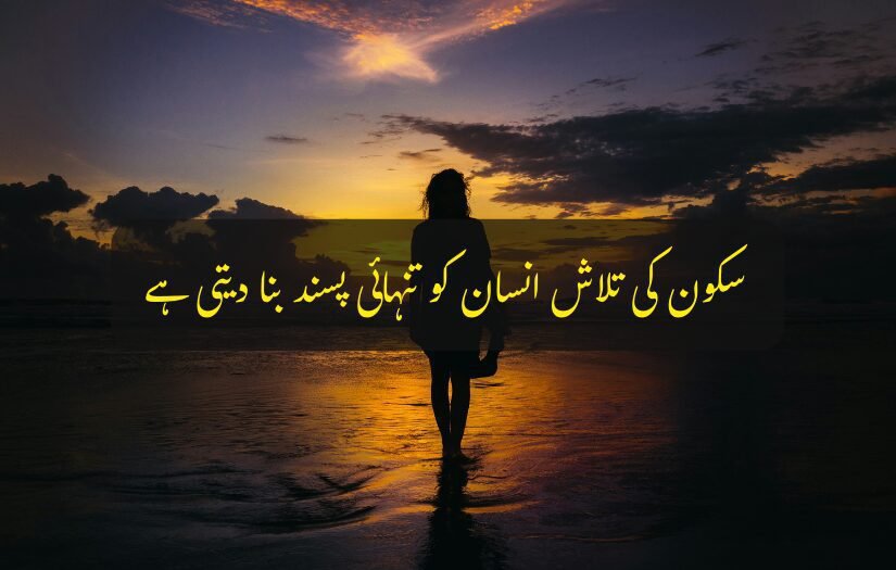 "Silhouette of a woman standing by the sea at sunset with Urdu text overlay."