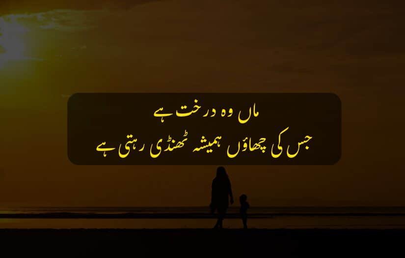 "Urdu quote about mothers, sunset background, silhouette of woman and child."