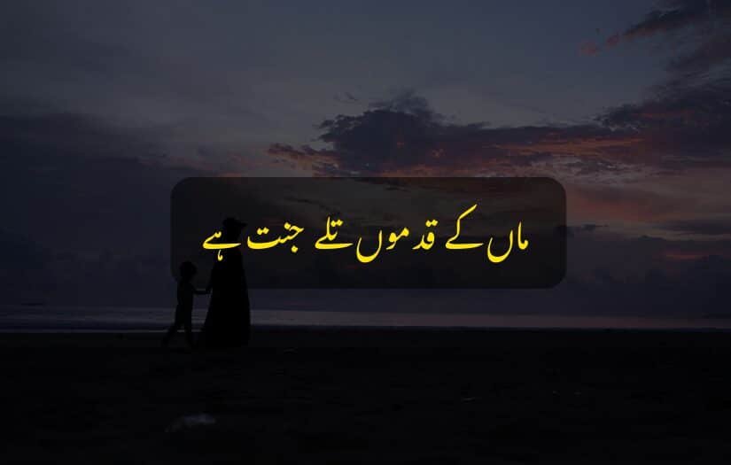 "Urdu quote about mothers, sunset sky, silhouette of woman and child."