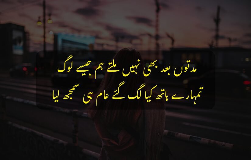 "Back view of a woman at sunset with Deep Urdu Quote text about relationships and understanding."