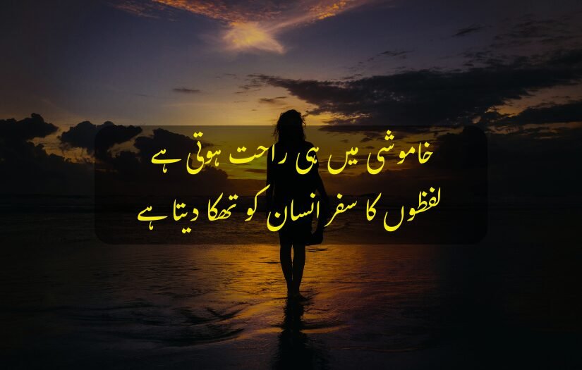 "Silhouette of a woman at sunset with Deep Urdu Quote about silence."