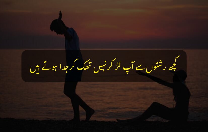"Two people silhouetted at sunset, ocean view, Family Matlabi Rishte Urdu Quotes."