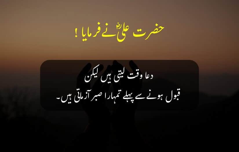 "Urdu quote by Hazrat Ali (r.a) hands raised in prayer, sunset."