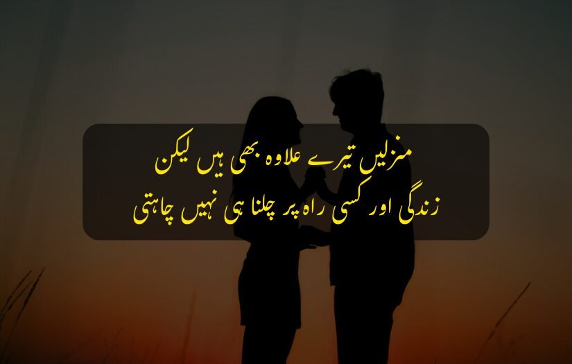 "Couple silhouetted against sunset holding hands with Urdu love quote."