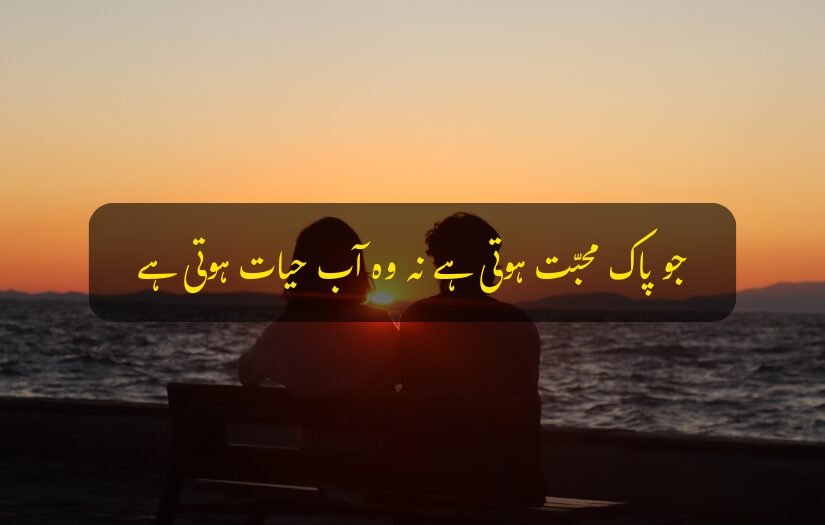 "Two people sitting by the ocean at sunset with Love Urdu quote."