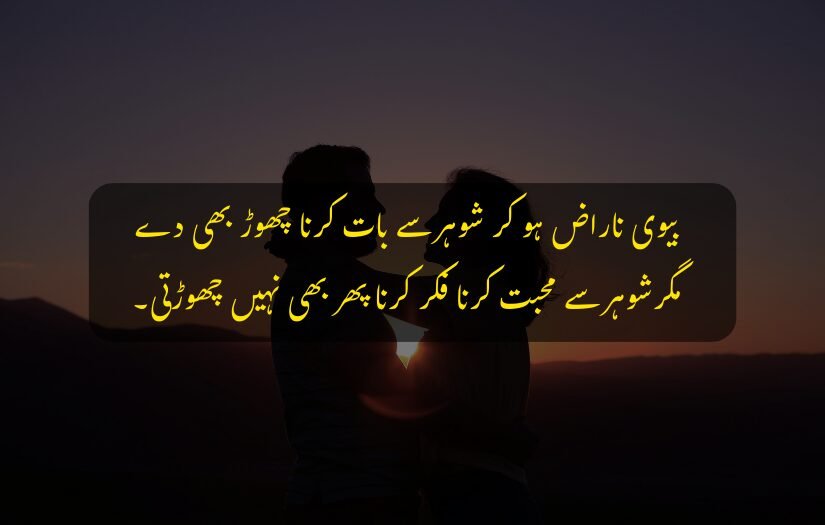 "Couple standing together during sunset with a heartfelt husband wife Urdu quote."