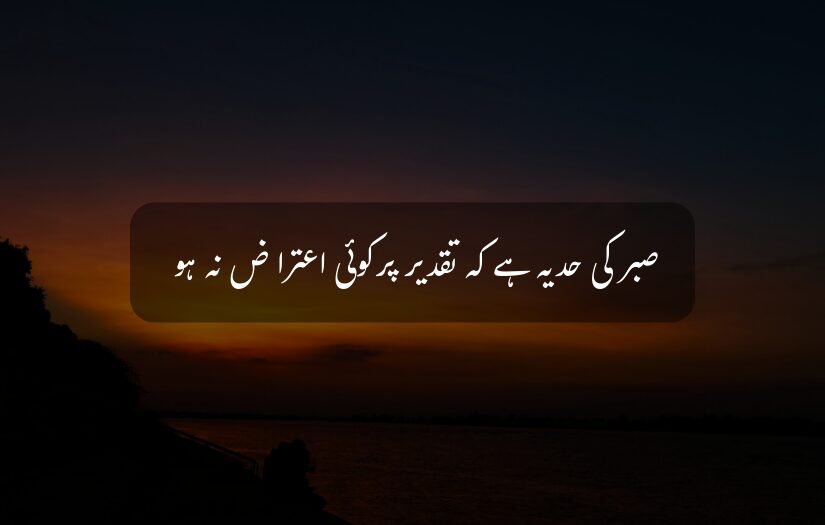 "Beautiful sunset over water with Urdu text about patience and destiny."