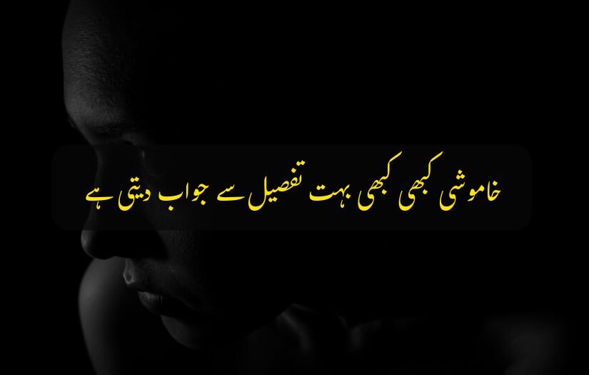"sad urdu quote on silence providing detailed answers, with a dark emotional background."