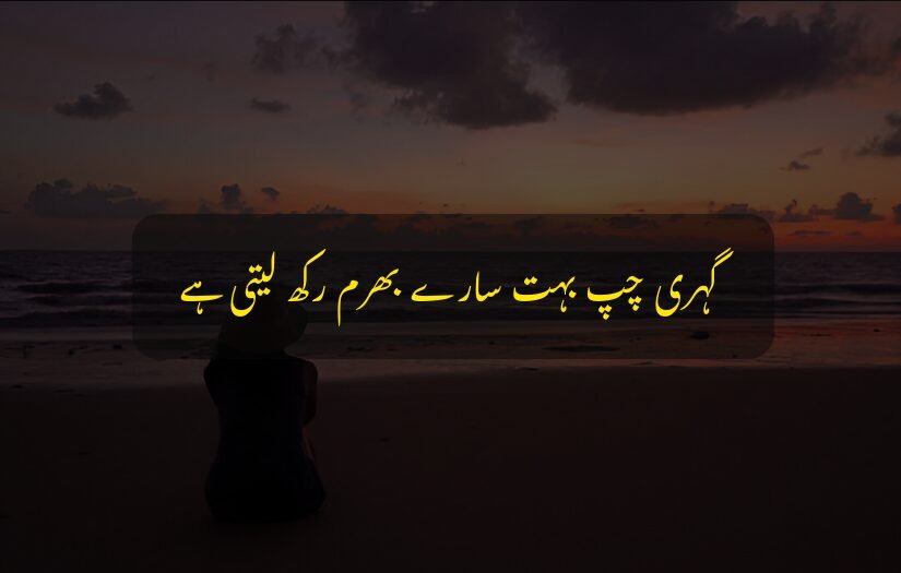 "sad urdu quote 1 line on silence, featuring a solitary figure sitting on a beach at sunset."