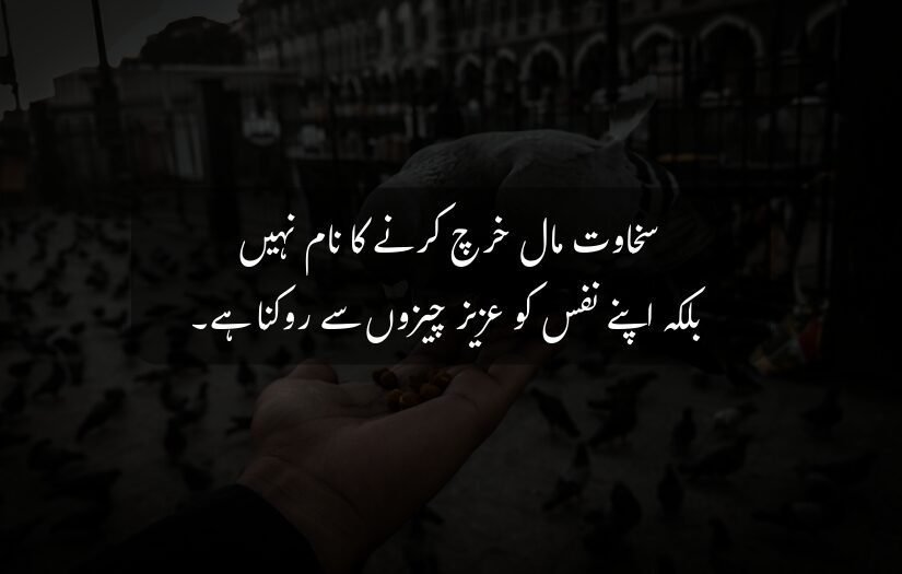 "Hand feeding a pigeon, urban backdrop, islamic Urdu quote about generosity."