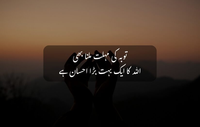 "Silhouette of hands raised in prayer at sunset with an Islamic Urdu inspirational quote overlayed."