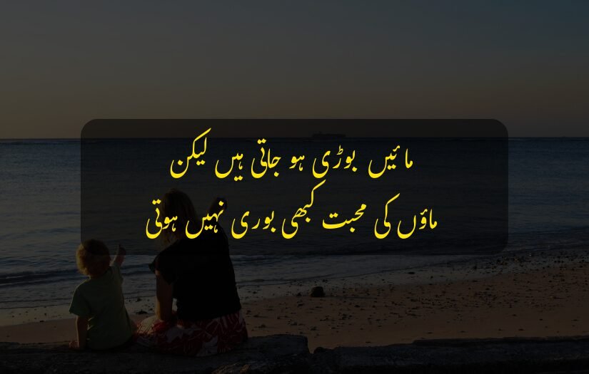 "Urdu quote about a mother's love with beach background scenery."