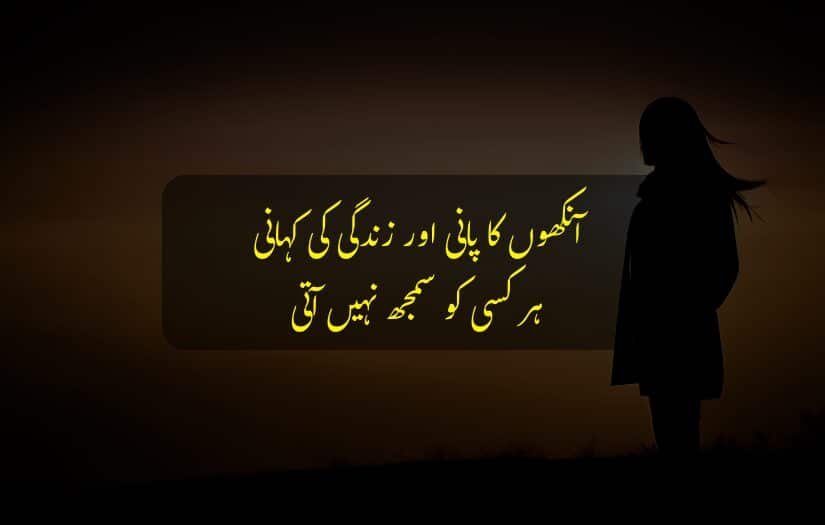 "Silhouette of woman, sunset background, Urdu quote on life struggles."