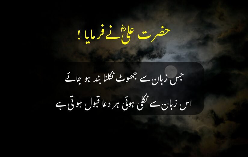 "Cloudy night sky, moonlight glow, Hazrat Ali R.A. Urdu quote on truth."