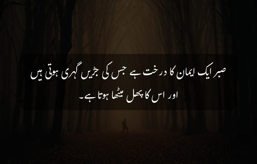 "Dark forest, person running, Urdu quote on patience and faith."