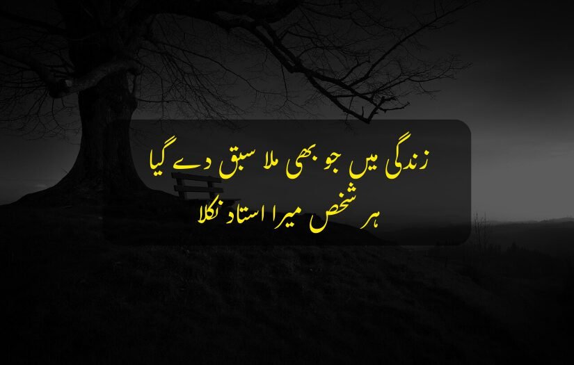 "Sad Urdu quote about life lessons with a tree and bench."