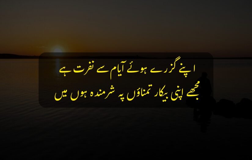 "Sad Urdu quote about regrets with silhouette by water at sunset."