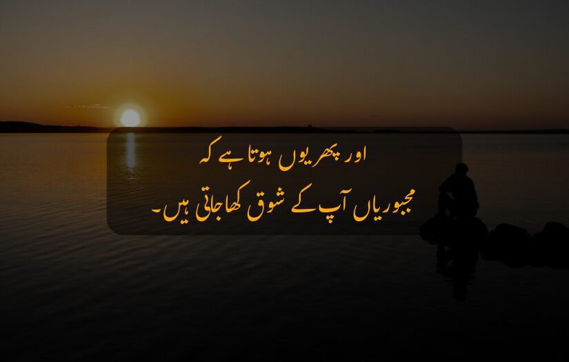 "Sunset lake silhouette with Sad Urdu quote on life and emotions."