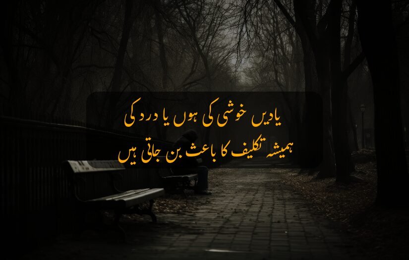 "Lonely person sitting on a bench in foggy park, sad Urdu quotes."