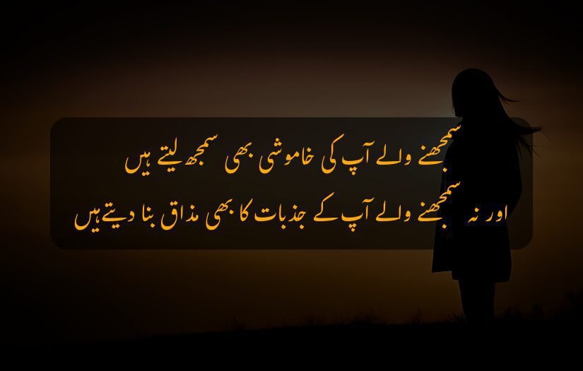 "Silhouette of a woman at dusk, emotional sad Urdu quotes displayed."