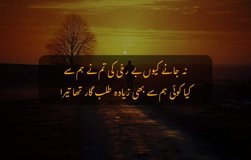 "Silhouette of person walking at sunset, sad Urdu quotes on life."