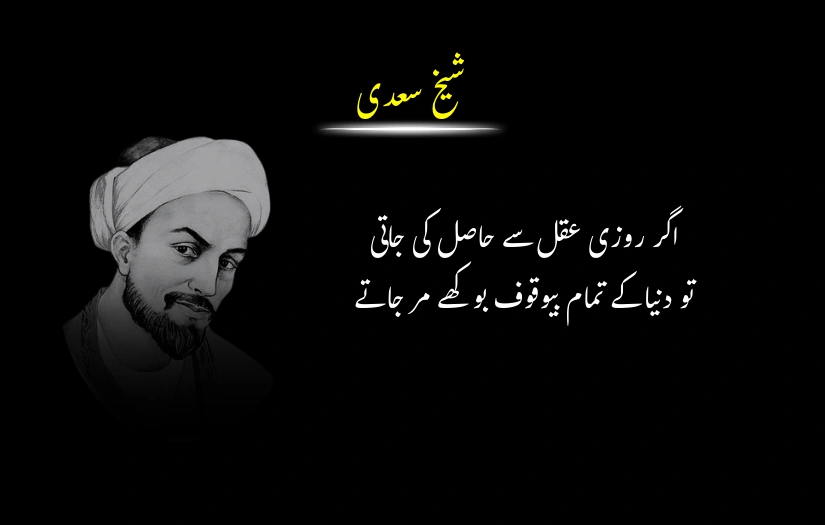 "Sheikh Saadi portrait with an Urdu quote about wisdom and foolishness."